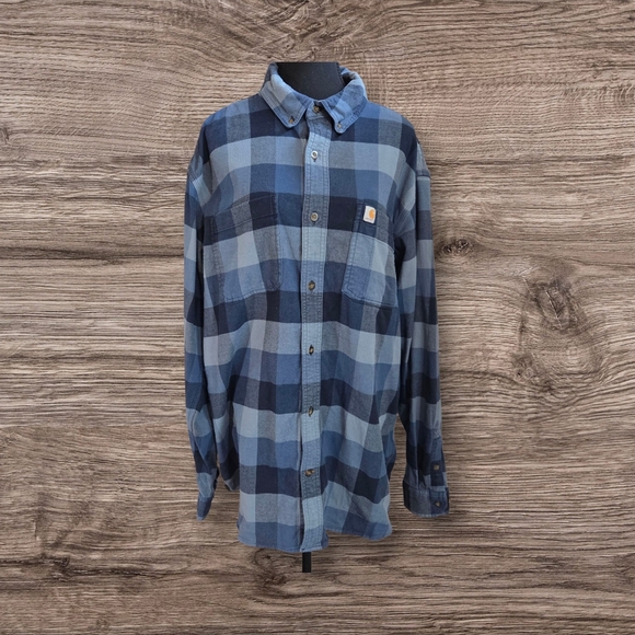 Carhartt Navy and Light Blue Plaid Men's Flannel Shirt Size XL - Picture 1 of 7